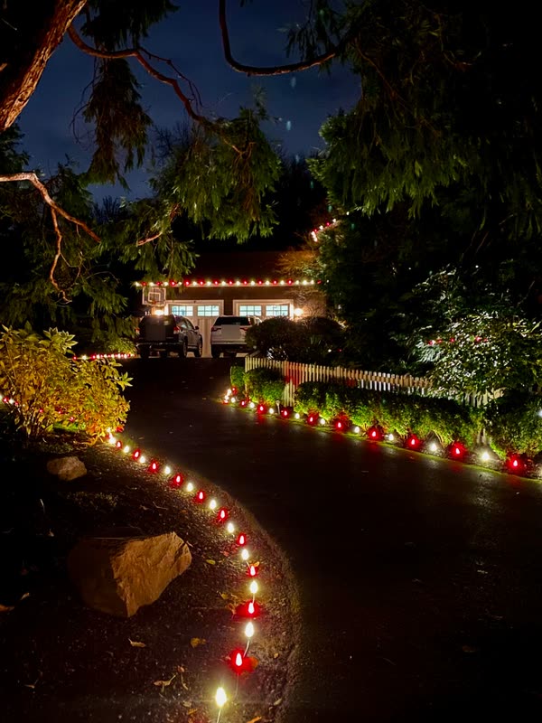 Curving driveway lined with alternating red and white C9 stake lights
